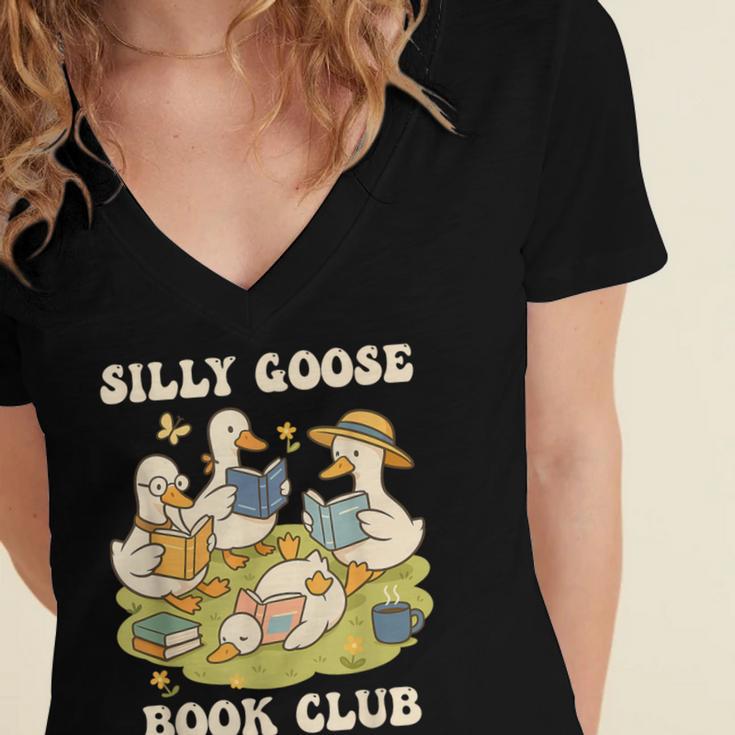 Silly-Goose Book Club Goose And Book Lovers Women's Jersey Short Sleeve Deep V-Neck Tshirt