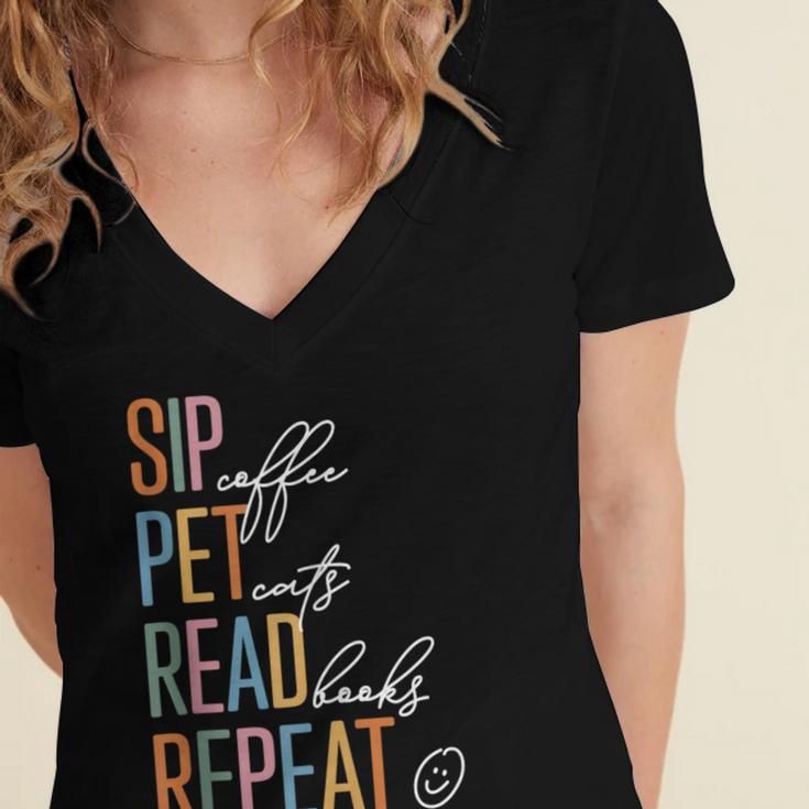 Sip Coffee Pet Cats Read Books Repeat Book Cat Lover Women's Jersey Short Sleeve Deep V-Neck Tshirt