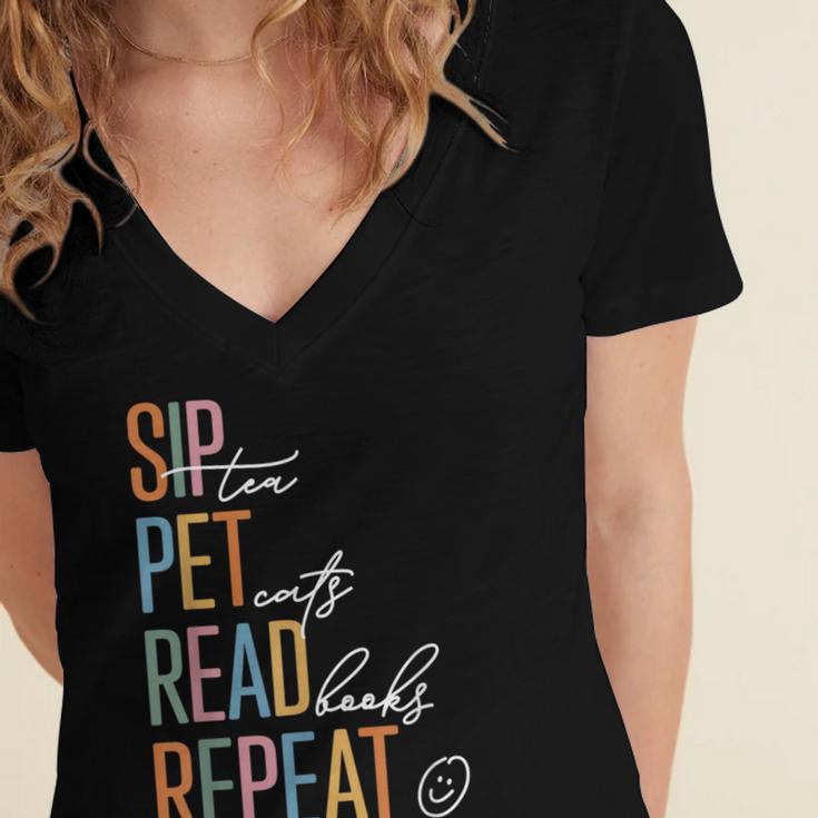Sip Tea Pet Cats Read Books Repeat Book Cat Lover Women's Jersey Short Sleeve Deep V-Neck Tshirt Sip Tea Pet Cats Read Books Repeat Book Cat Lover Women's Jersey Short Sleeve Deep V-Neck Tshirt