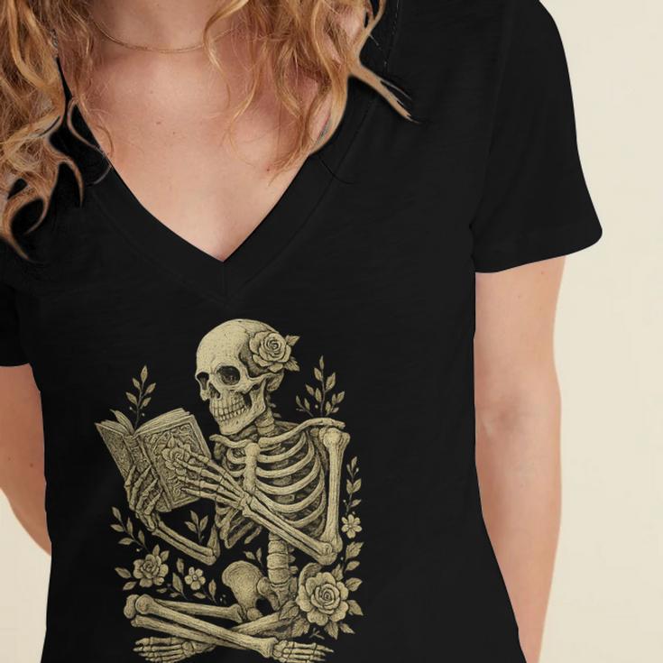 Skeleton Book Floral Skull Halloween Teacher Costume Women's Jersey Short Sleeve Deep V-Neck Tshirt Skeleton Book Floral Skull Halloween Teacher Costume Women's Jersey Short Sleeve Deep V-Neck Tshirt