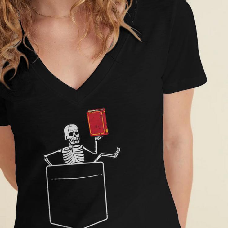 Skeleton Books Read Book Reading Librarian Across America Women's Jersey Short Sleeve Deep V-Neck Tshirt