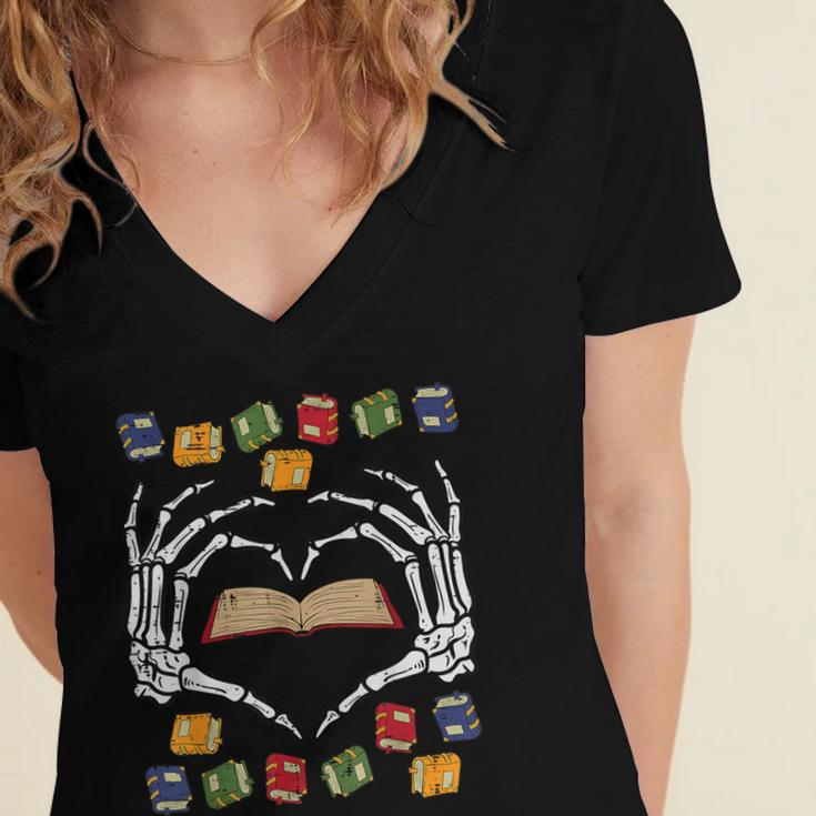 Skeleton Heart Read Reading Book Librarian Halloween Women Women's Jersey Short Sleeve Deep V-Neck Tshirt