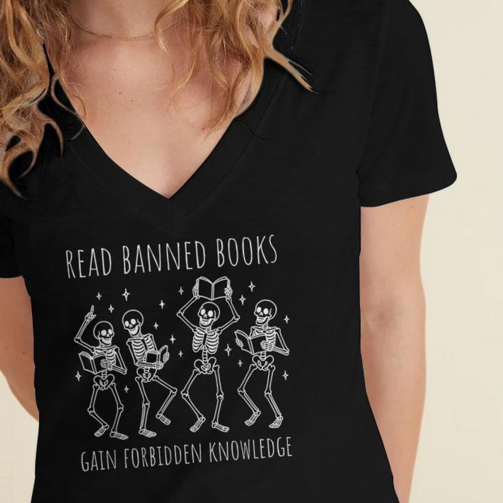 Skeleton Read Banned Books Gain Forbidden Knowledge Women's Jersey Short Sleeve Deep V-Neck Tshirt