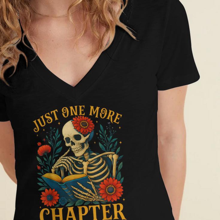 Skeleton Read Book Just One More Chapter Floral Book Lover Women's Jersey Short Sleeve Deep V-Neck Tshirt