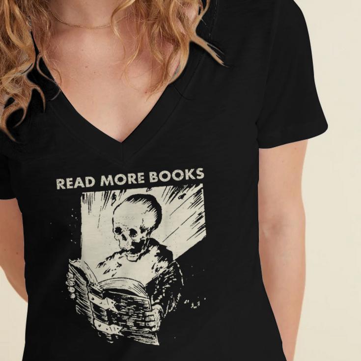 Skeleton Read More Books Women's Jersey Short Sleeve Deep V-Neck Tshirt