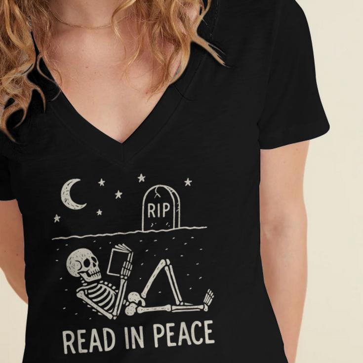 Skeleton Read In Peace Halloween Book Graphic Bookish Women's Jersey Short Sleeve Deep V-Neck Tshirt