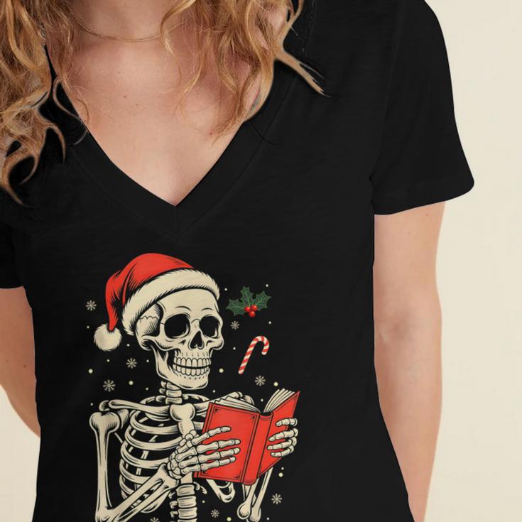 Skeleton Reading Book Christmas Teacher Librarian Book Lover Women's Jersey Short Sleeve Deep V-Neck Tshirt Skeleton Reading Book Christmas Teacher Librarian Book Lover Women's Jersey Short Sleeve Deep V-Neck Tshirt