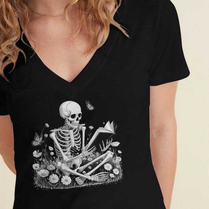 Skeleton Reading Book Floral Dark For Book Lovers Women's Jersey Short Sleeve Deep V-Neck Tshirt