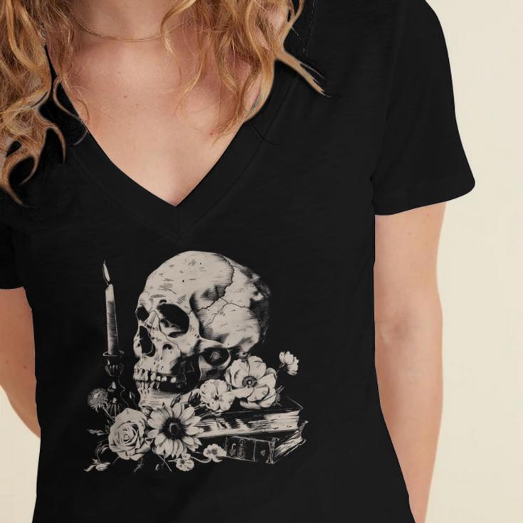 Skull Books Flowers Goth Reader Grunge Dark Alt Aesthetic Women's Jersey Short Sleeve Deep V-Neck Tshirt