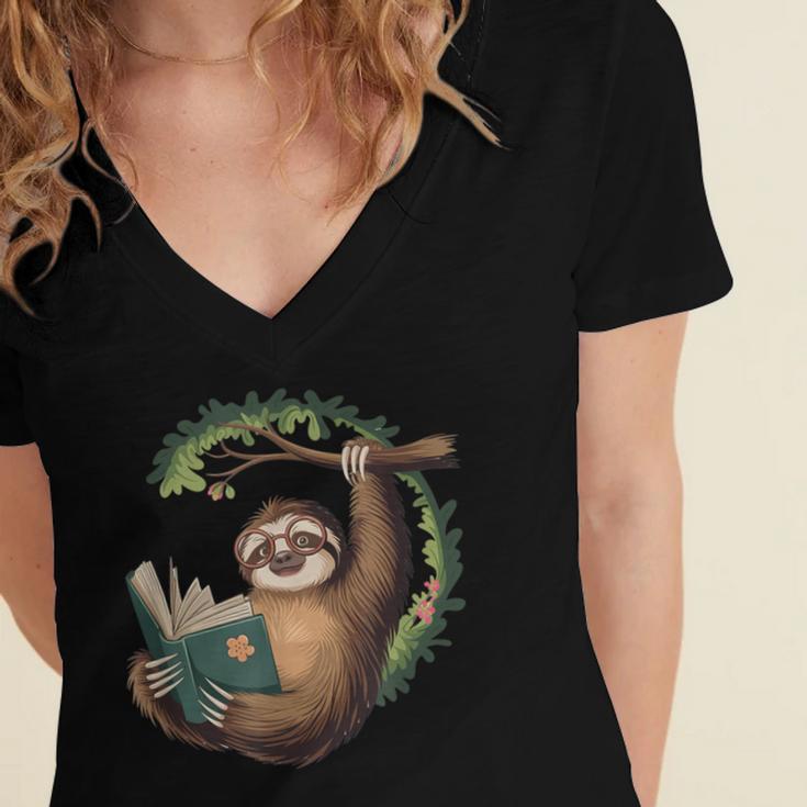 Sloth Reading a Book Lazy Sloth Bookworm Women's Jersey Short Sleeve Deep V-Neck Tshirt Sloth Reading a Book Lazy Sloth Bookworm Women's Jersey Short Sleeve Deep V-Neck Tshirt