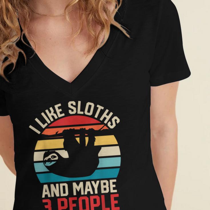 I Like Sloths And Maybe 3 People Sloth Lover Introvert Retro Women's Jersey Short Sleeve Deep V-Neck Tshirt