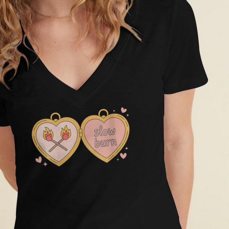 Slow Burn Romance Book Lover Tee Women's Jersey Short Sleeve Deep V-Neck Tshirt
