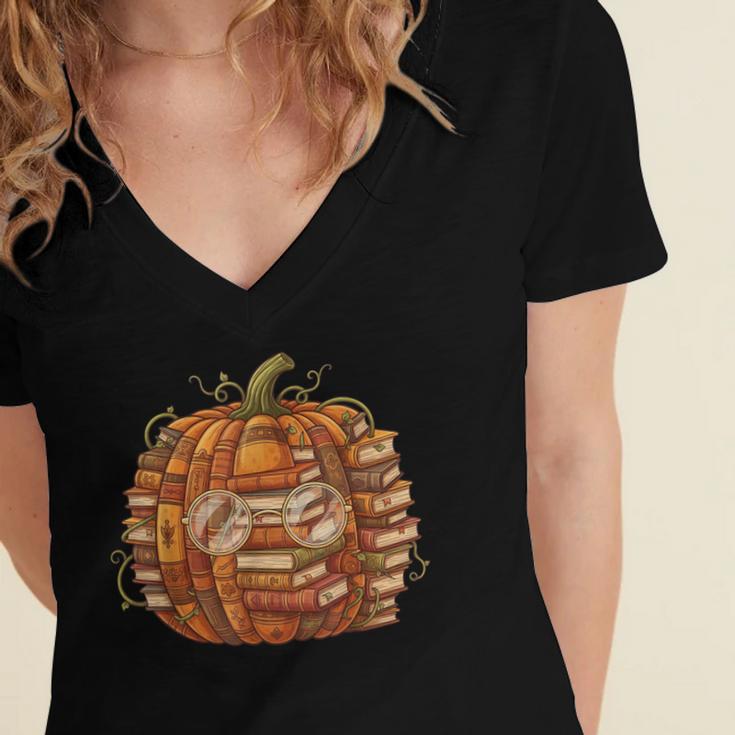 Smart Book Pumpkin Retro Fall Teacher Reading Halloween Women's Jersey Short Sleeve Deep V-Neck Tshirt Smart Book Pumpkin Retro Fall Teacher Reading Halloween Women's Jersey Short Sleeve Deep V-Neck Tshirt