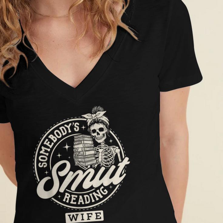 Smut Book Reader Spicy Romance Somebody's Smut Reading Wife Women's Jersey Short Sleeve Deep V-Neck Tshirt