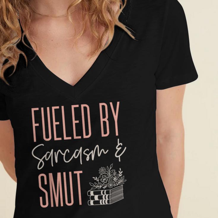 Smutty Book Lover Women Fueled By Sarcasm And Smut Spicy Women's Jersey Short Sleeve Deep V-Neck Tshirt