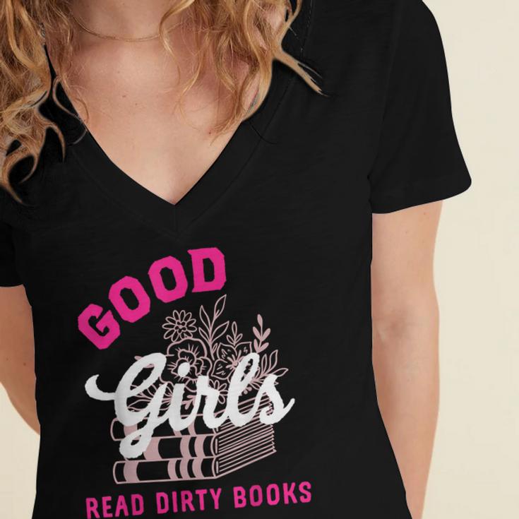 Smutty Book Merch Good Girls Read Dirty Books Smut Readers Women's Jersey Short Sleeve Deep V-Neck Tshirt