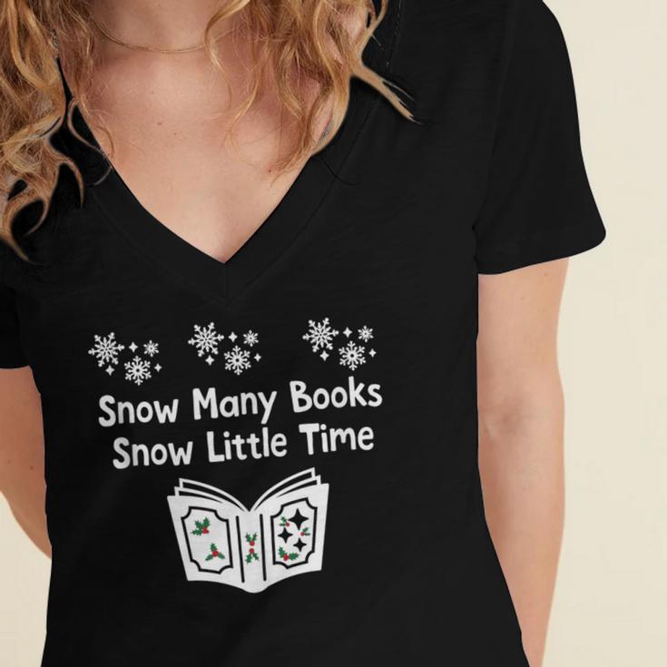 Snow Many Books Snow Little Time Reading Christmas Book Club Women's Jersey Short Sleeve Deep V-Neck Tshirt