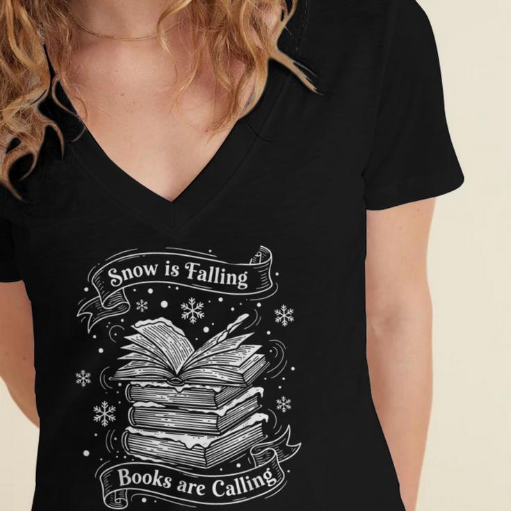 Snow Is Falling Books Are Calling Winter Reading Women's Jersey Short Sleeve Deep V-Neck Tshirt