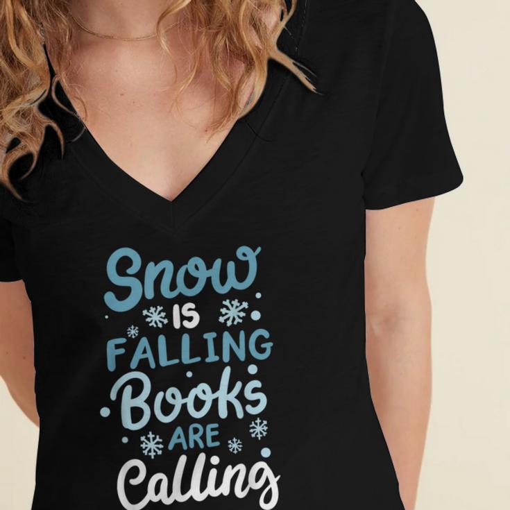 Snow Is Falling Books Are Calling Women's Jersey Short Sleeve Deep V-Neck Tshirt