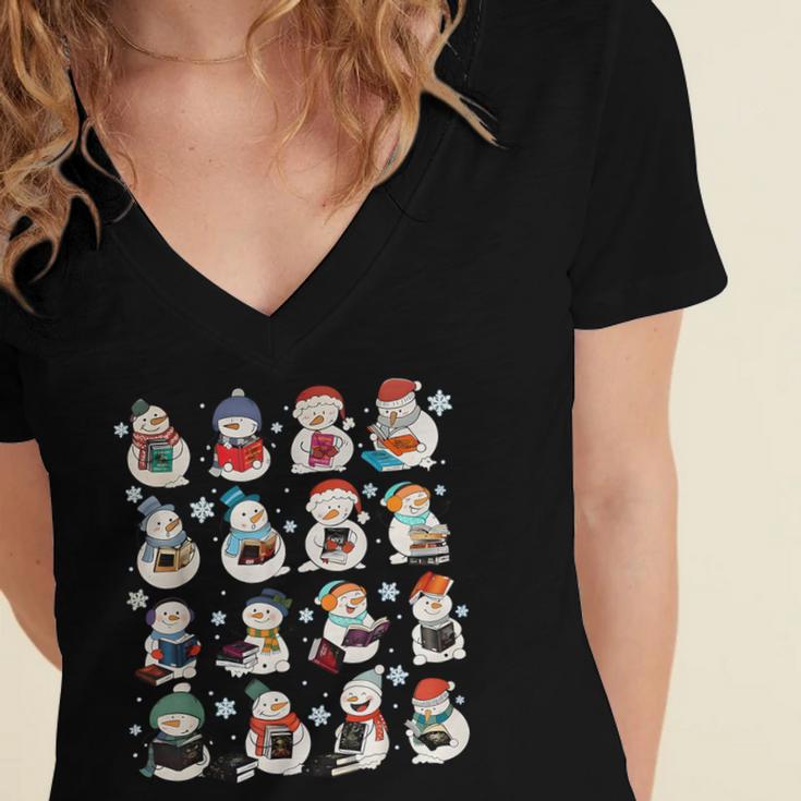 Snowman Reading Book Christmas Cozy Book Lover Bookish Women's Jersey Short Sleeve Deep V-Neck Tshirt