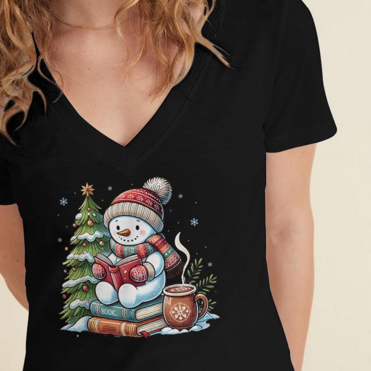 Snowman Reading Book Lovers Christmas Librarian Bookworm Women's Jersey Short Sleeve Deep V-Neck Tshirt