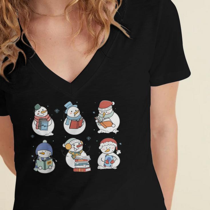 Snowman Reading Book Santa Christmas Bookish Teacher Women's Jersey Short Sleeve Deep V-Neck Tshirt