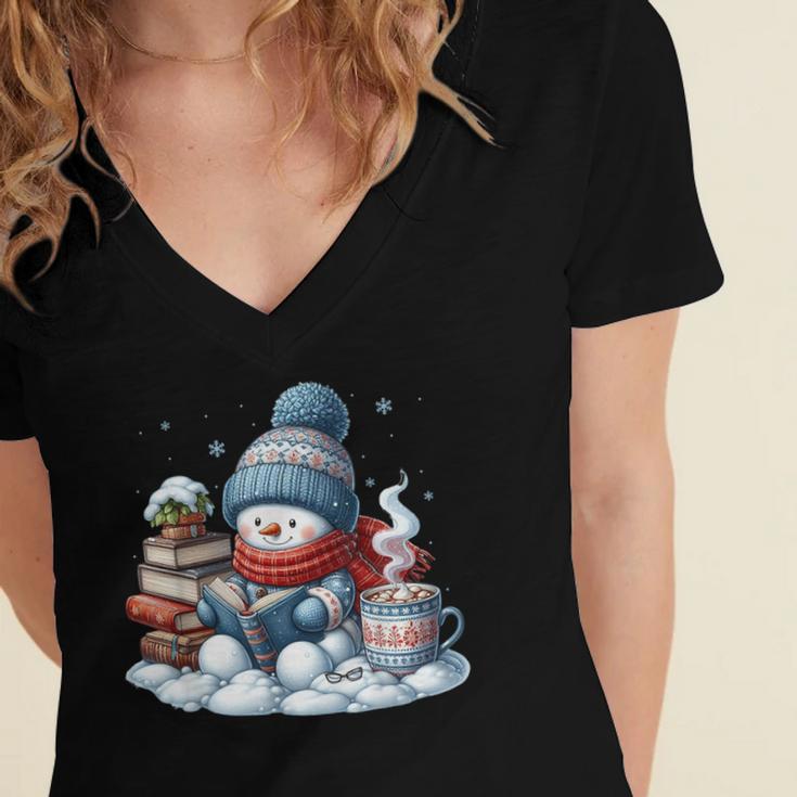 Snowman Reading Books Lovers Librarian Bookworm Christmas Women's Jersey Short Sleeve Deep V-Neck Tshirt