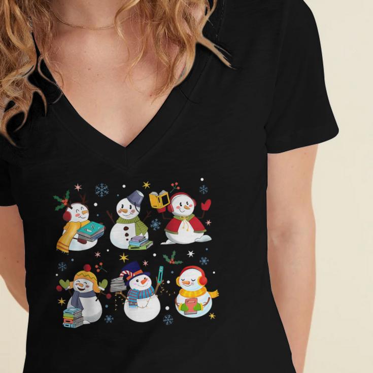Snowman Reading Books Teacher Christmas Librarian Bookworm Women's Jersey Short Sleeve Deep V-Neck Tshirt