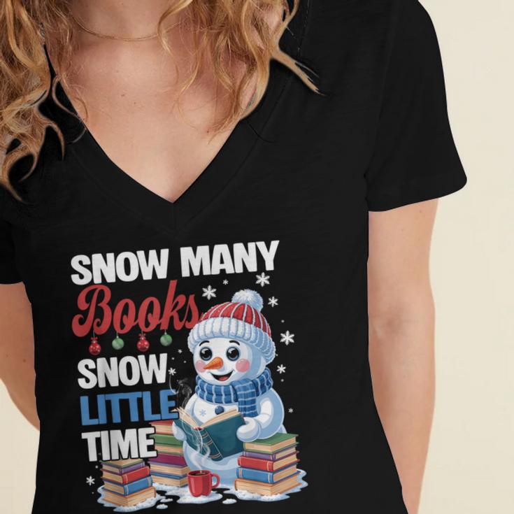 Snowman Winter Snow So Many Books Christmas Snow Little Time Women's Jersey Short Sleeve Deep V-Neck Tshirt