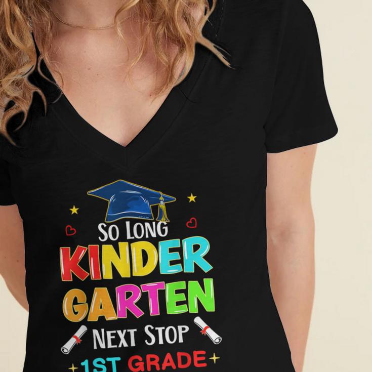 So Long Kindergarten Graduation 2025 Graduate 1st Grade Women's Jersey Short Sleeve Deep V-Neck Tshirt