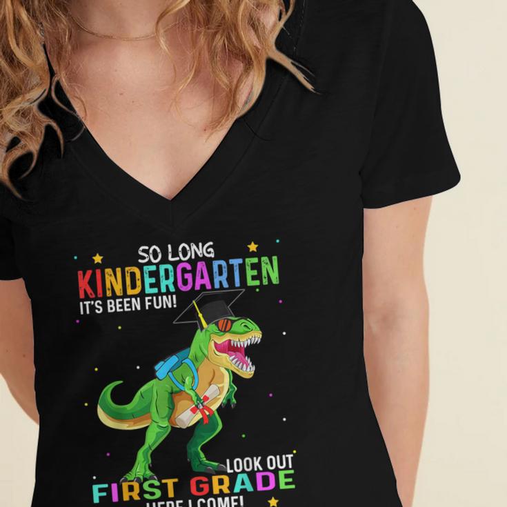 So Long Kindergarten Graduation Class 2025 Dinosaur Kids Women's Jersey Short Sleeve Deep V-Neck Tshirt