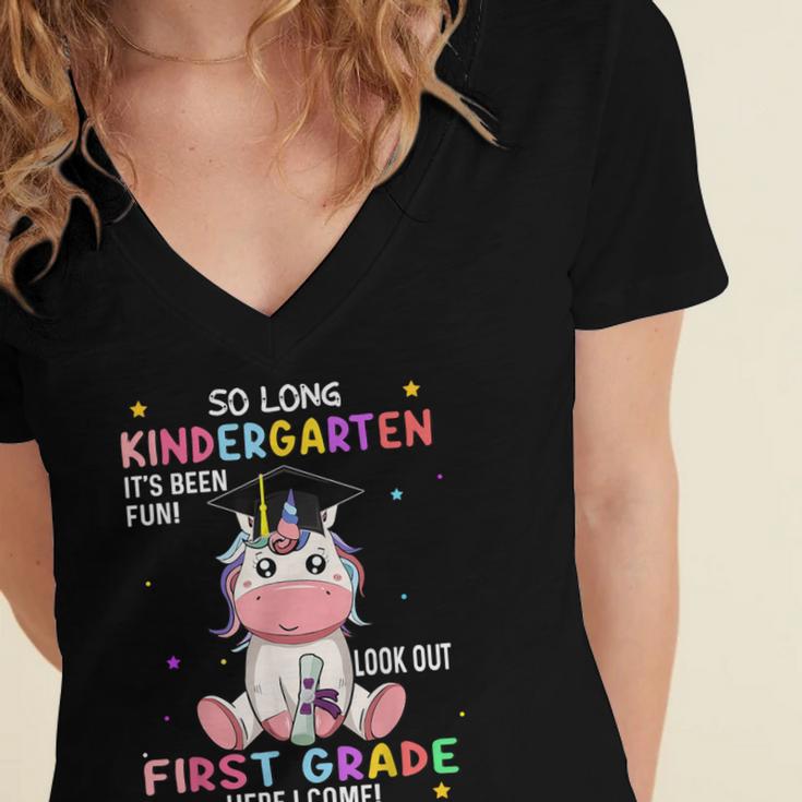 So Long Kindergarten Graduation Class 2025 Unicorn Girls Women's Jersey Short Sleeve Deep V-Neck Tshirt