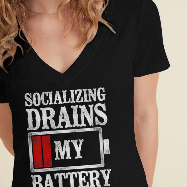 Socializing Drains My Battery Introvert Women's Jersey Short Sleeve Deep V-Neck Tshirt