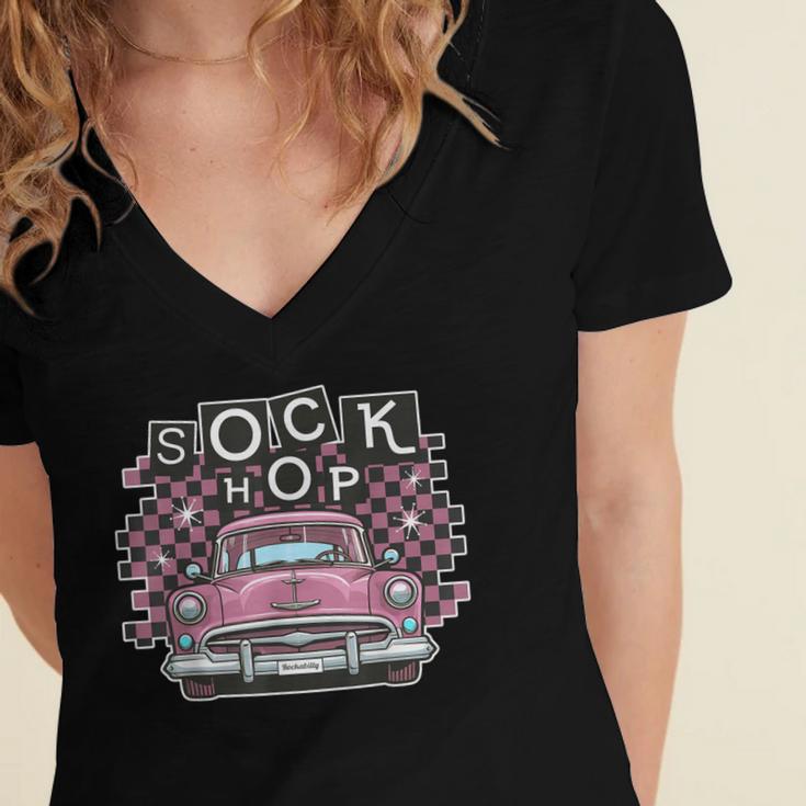 Sock Hop 50s Classic Car Nostalgia 1950s Greaser Women's Jersey Short Sleeve Deep V-Neck Tshirt