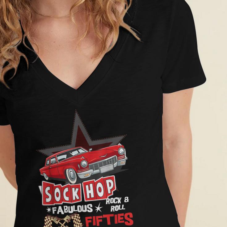 Sock Hop Fabulous Fifties Rock N Roll Automobile Nostalgia Women's Jersey Short Sleeve Deep V-Neck Tshirt