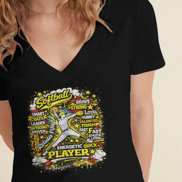 Softball Pitcher Best Traits Brave Retro Pop Comic Book Art Women's Jersey Short Sleeve Deep V-Neck Tshirt
