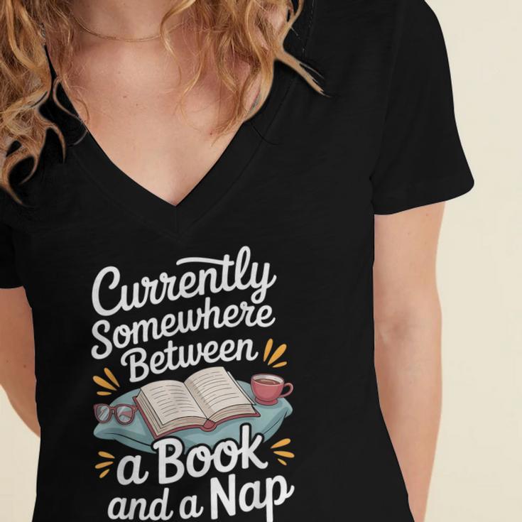 Somewhere Between a Book And a Nap – Cozy Reading Women's Jersey Short Sleeve Deep V-Neck Tshirt