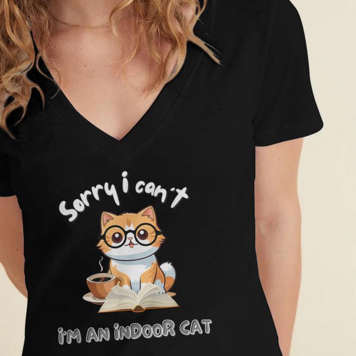 Sorry I Can't Indoor Cat Top For Introvert With Coffee Book For Men Women Kids Women's Jersey Short Sleeve Deep V-Neck Tshirt