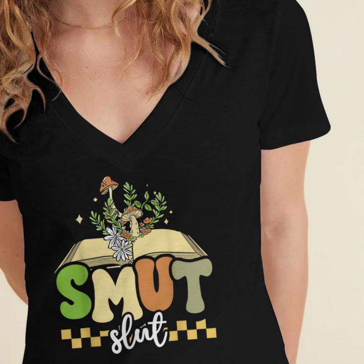 Spicy Book Lover Smut Slut Romance Reading Librarian Women's Jersey Short Sleeve Deep V-Neck Tshirt