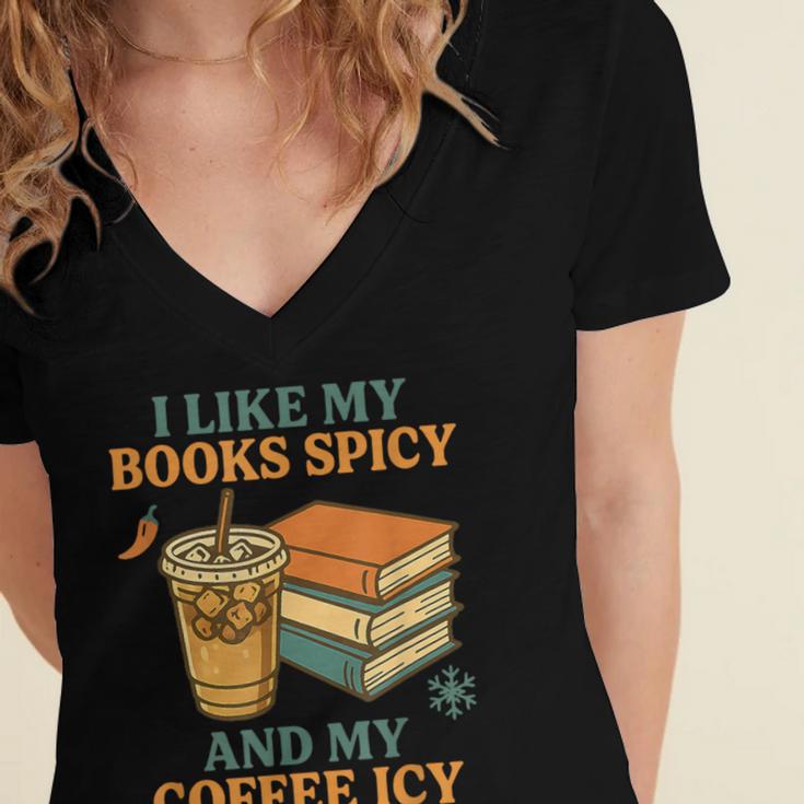 Spicy Books And Iced Coffee Book Lover Smut Reader Women's Jersey Short Sleeve Deep V-Neck Tshirt