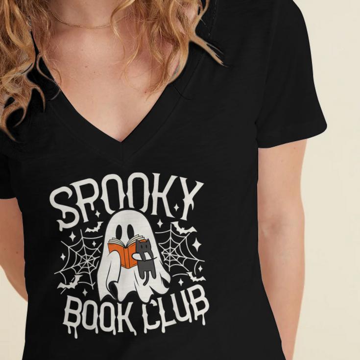 Spooky Book Club Cute Ghost Reading Book Halloween Costume Women's Jersey Short Sleeve Deep V-Neck Tshirt