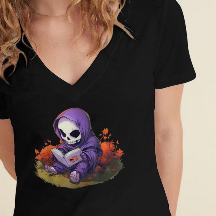 Spooky Grim Reaper Reading A Book Cute Creepy Halloween Women's Jersey Short Sleeve Deep V-Neck Tshirt Spooky Grim Reaper Reading A Book Cute Creepy Halloween Women's Jersey Short Sleeve Deep V-Neck Tshirt