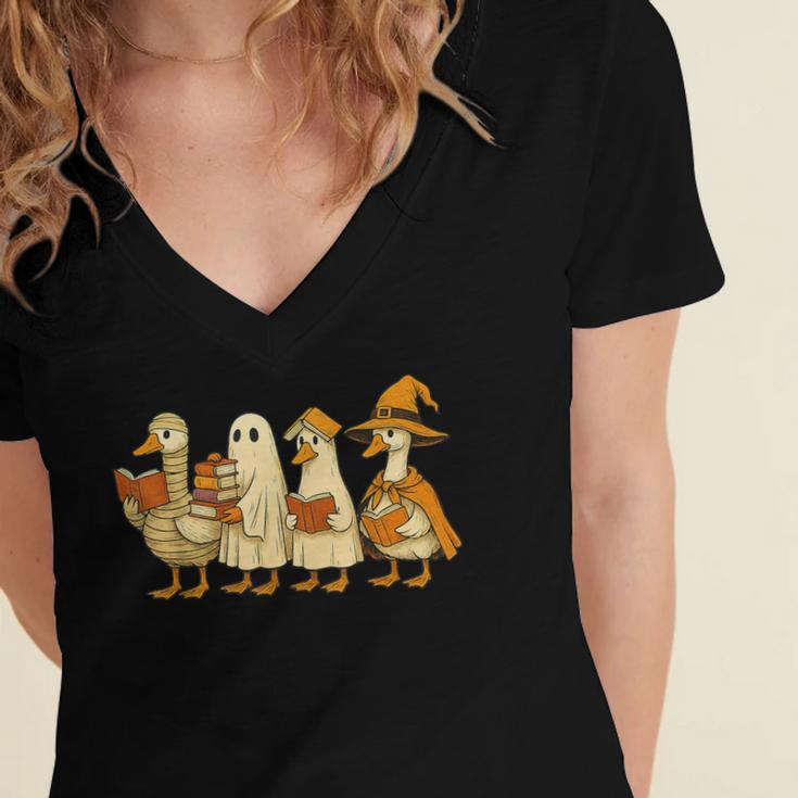 Spooky Halloween Book Lover Halloween Reading Goose Women's Jersey Short Sleeve Deep V-Neck Tshirt