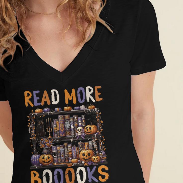 Spooky Halloween Bookshelf Bookcase Read More Books Women's Jersey Short Sleeve Deep V-Neck Tshirt