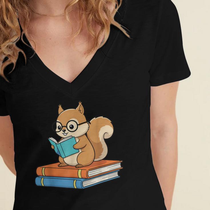 Squirrel Reading Book Glasses Bookworm Librarian Women's Jersey Short Sleeve Deep V-Neck Tshirt Squirrel Reading Book Glasses Bookworm Librarian Women's Jersey Short Sleeve Deep V-Neck Tshirt