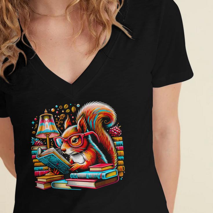 Squirrel Reading a Book Lover Bookworm Women's Jersey Short Sleeve Deep V-Neck Tshirt