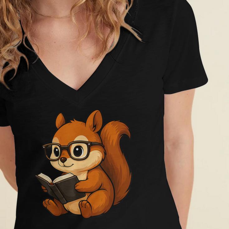 Squirrel Reading Book Lover Women's Jersey Short Sleeve Deep V-Neck Tshirt