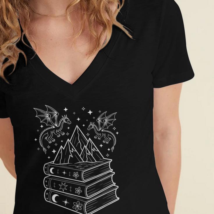 Stack Of Books And Dragons Bookworm Fantasy Books Lover Women's Jersey Short Sleeve Deep V-Neck Tshirt