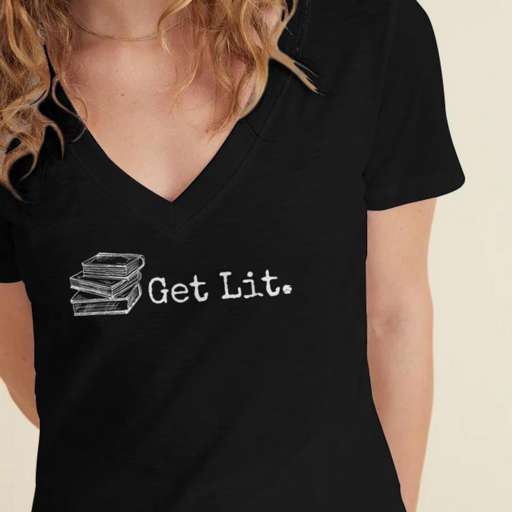 Stack Of Books Get Lit Book Reading Reader Women's Jersey Short Sleeve Deep V-Neck Tshirt
