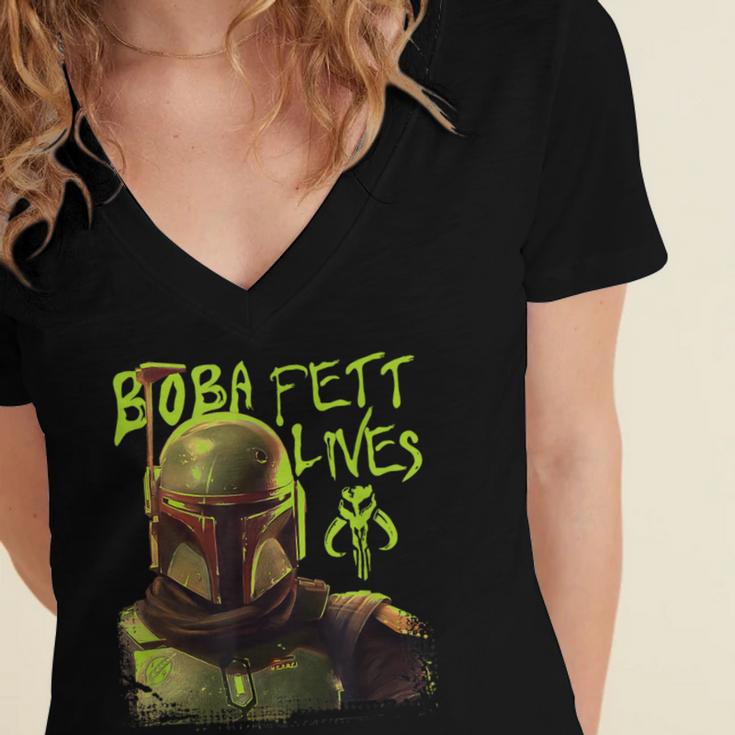 Star Wars The Book Of Boba Fett Neon Boba Fett Lives Poster Women's Jersey Short Sleeve Deep V-Neck Tshirt